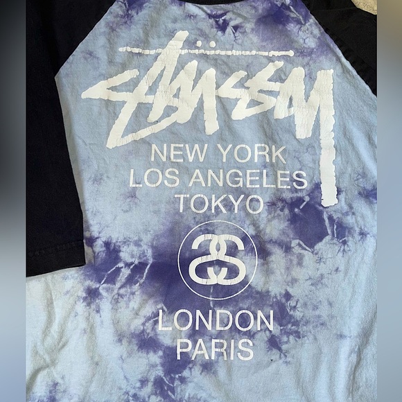🦕STUSSY🦕-Vintage Distressed Stussy 3/4 Sleeve Tee-Blue/Purple Tie-dye-Small - Picture 2 of 7